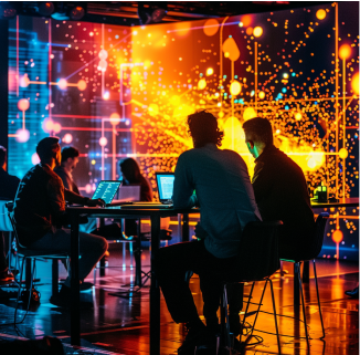 Group of people working together at a table with laptops, backlit by warm orange lighting